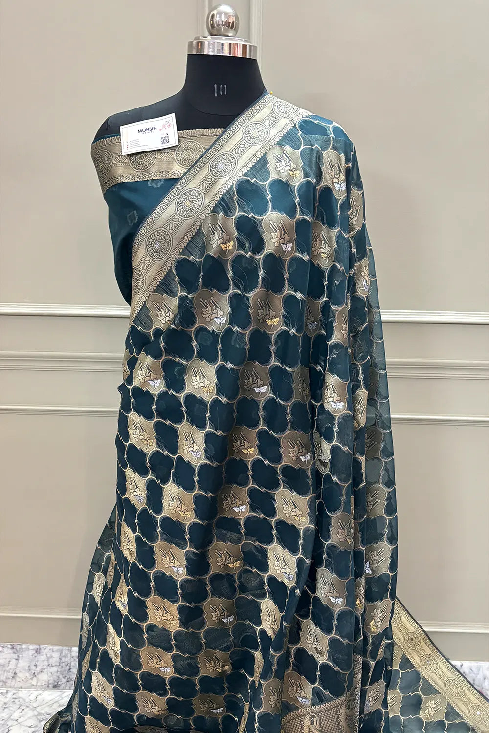 Teal Golden Zari Organza Silk Banarasi Saree