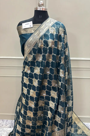 Teal Golden Zari Organza Silk Banarasi Saree