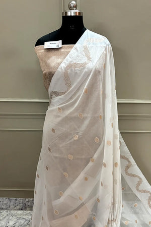White Golden Zari Raw Mango Banarasi Saree