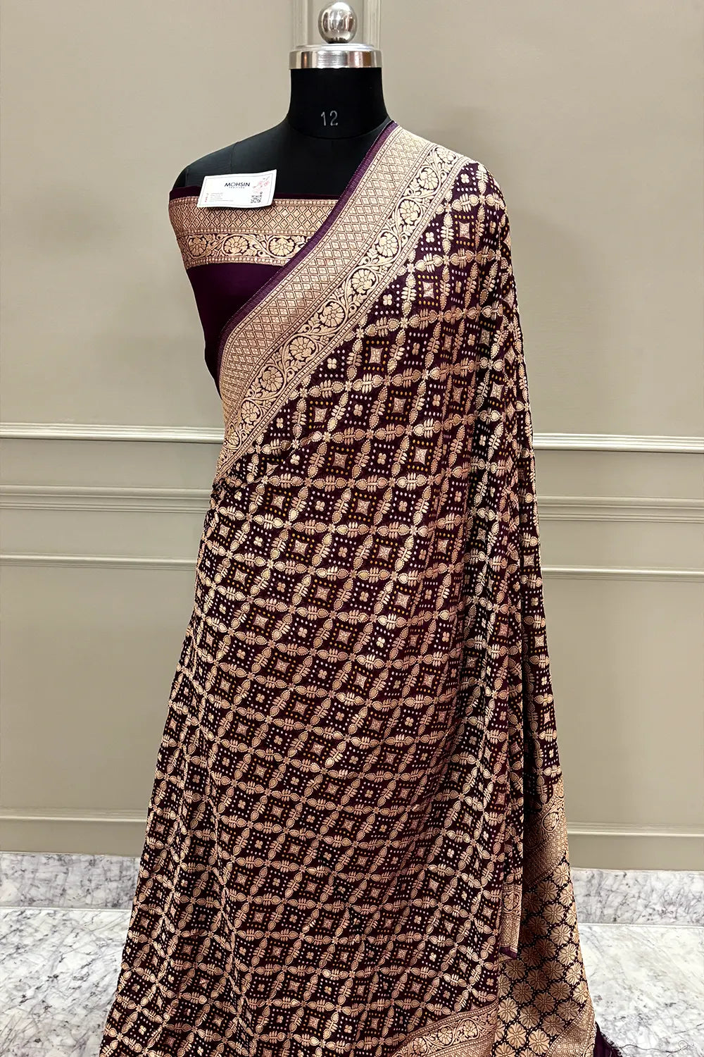 Wine Bandhej Georgette Silk Banarasi Saree