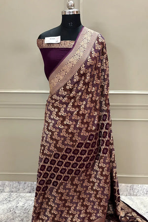 Wine Bandhej Georgette Silk Banarasi Saree