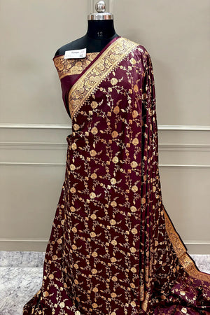Wine Jangla Katan Silk Banarasi Saree