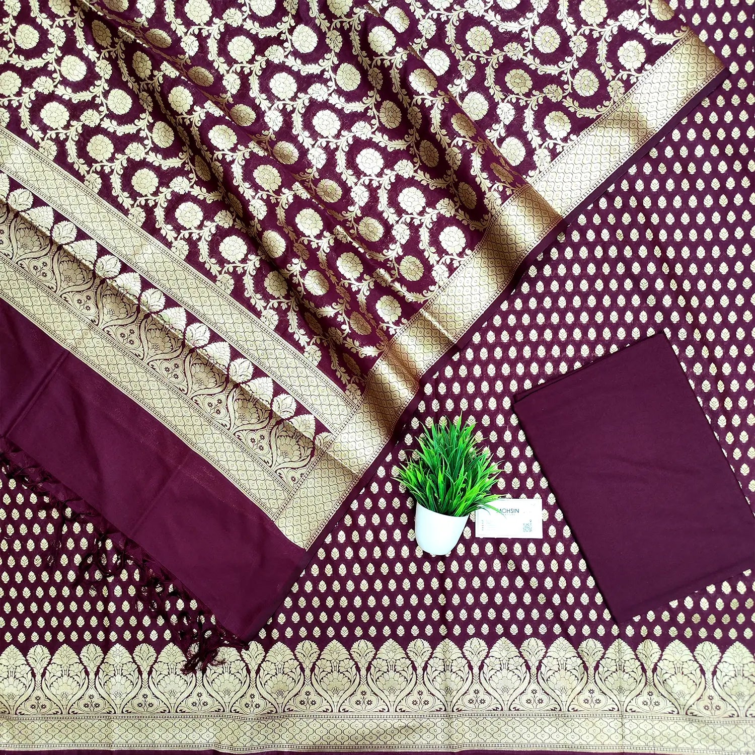 Wine Kalli Buti Katan Silk Banarasi Suit