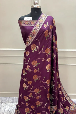 Wine Rosy Jaal Georgette Silk Banarasi Saree