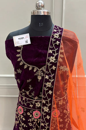 Wine and Orange Zariwork Semi Stitched Velvet Lahenga