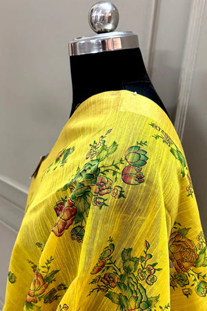 Yellow Printed Dupion Silk Banarasi Dupatta