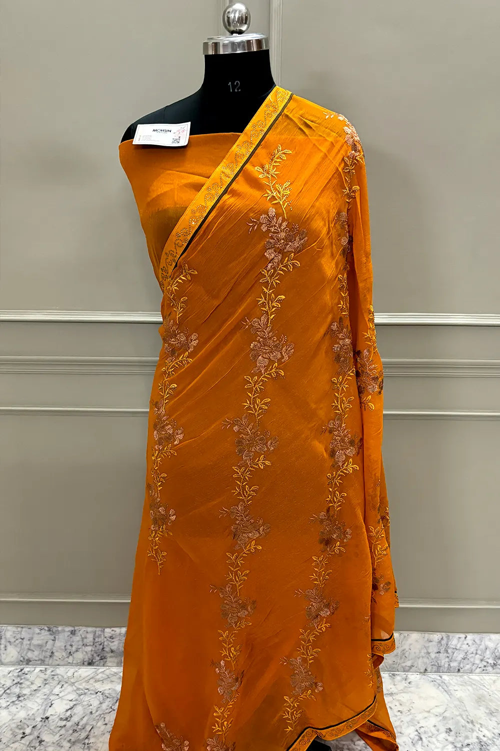 Yellow Embordiery Siroski Work Georgette Silk Saree