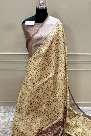 Yellow and Beige Resham Zari Banarasi Silk Saree