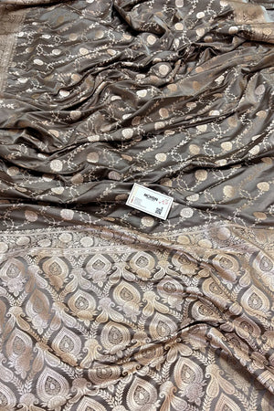 Charcoal Grey Ropeway Jaal Katan Silk Banarasi Saree