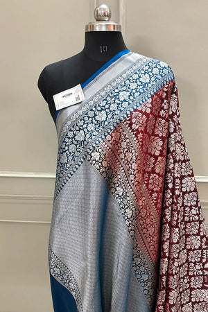 Wine and Blue Temple Buta Katan Silk Banarasi Saree