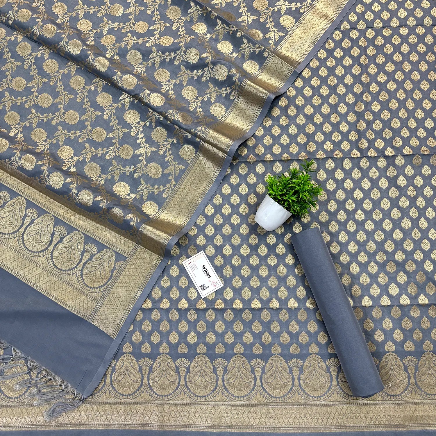 Grey Gumbad Buti Katan Silk Banarasi Suit