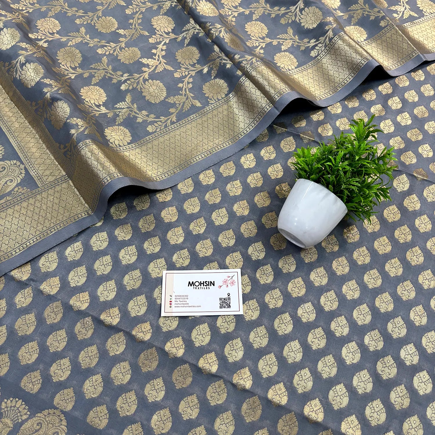 Grey Gumbad Buti Katan Silk Banarasi Suit