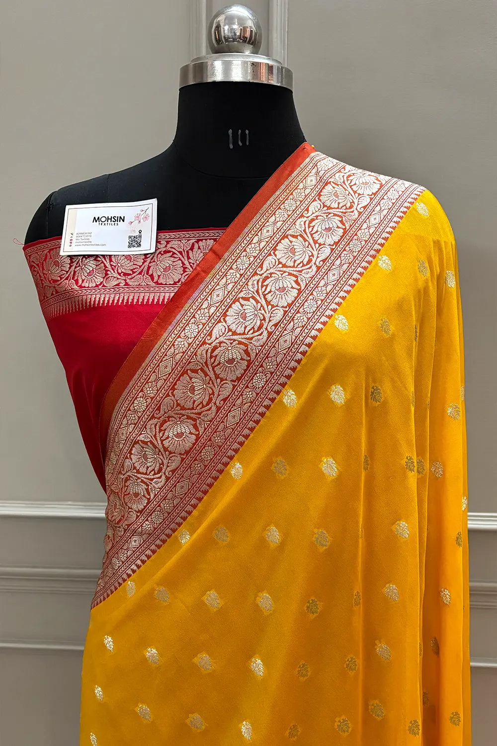 Yellow and Red Rudraksha Buti Katan Silk Banarasi Saree