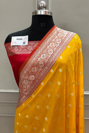 Yellow and Red Rudraksha Buti Katan Silk Banarasi Saree