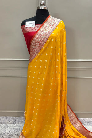 Yellow and Red Rudraksha Buti Katan Silk Banarasi Saree