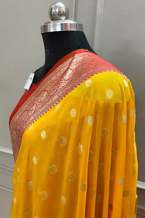 Yellow and Red Rudraksha Buti Katan Silk Banarasi Saree