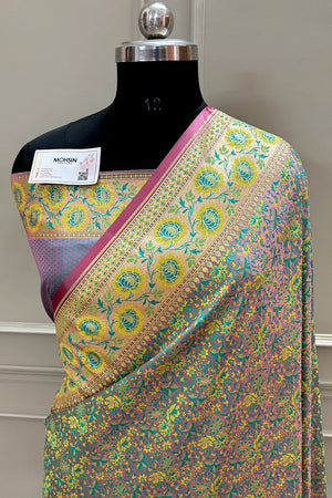 Jamuni and Mint Jungli Jaal Katan Silk Banarasi Saree