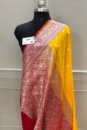 Yellow and Red Rudraksha Buti Katan Silk Banarasi Saree
