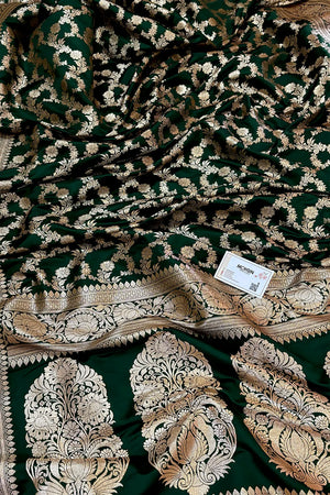 Bottle Green Moglai Jaal Katan Silk Banarasi Saree