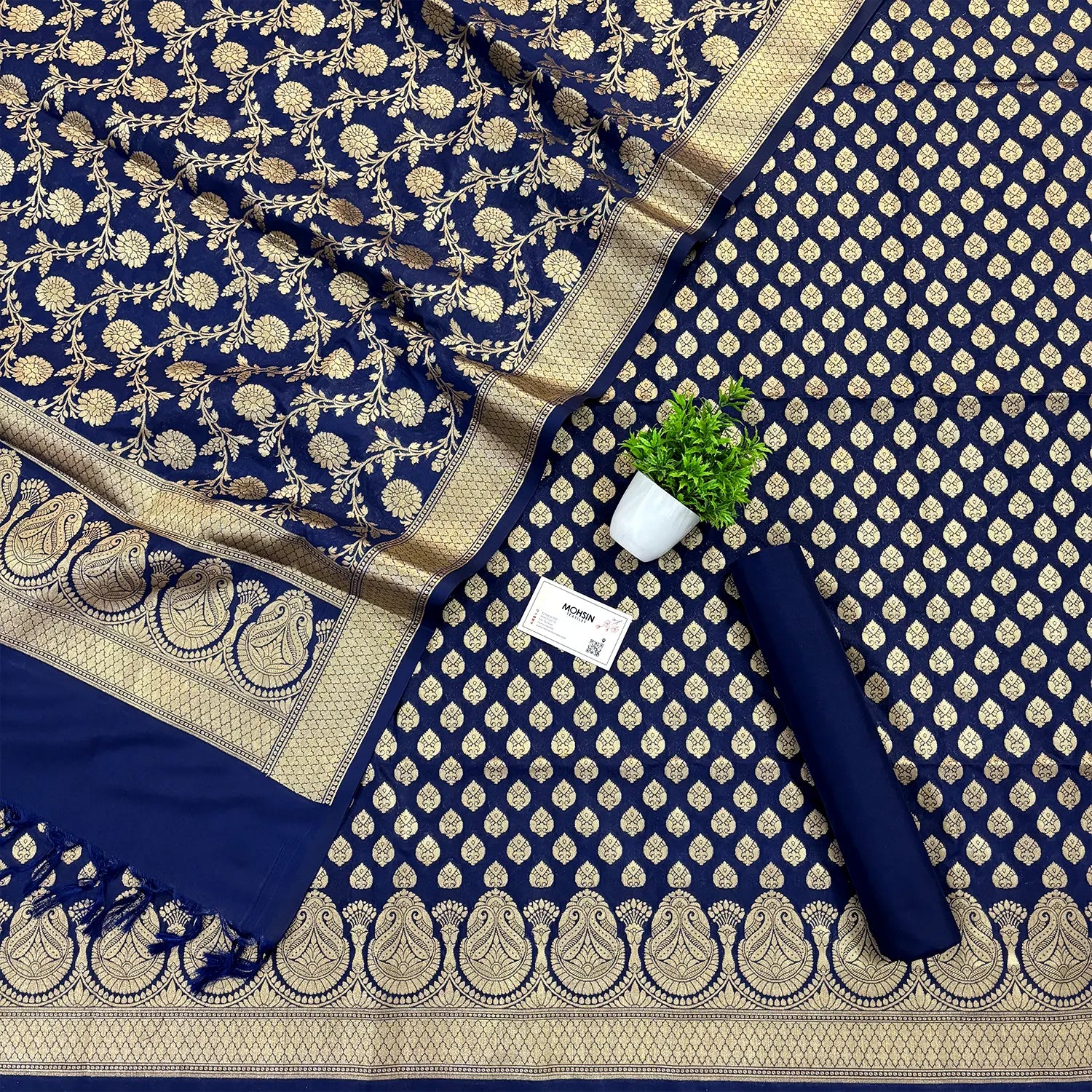 Navy Blue Gumbad Buti Katan Silk Banarasi Suit