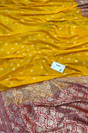 Yellow and Red Rudraksha Buti Katan Silk Banarasi Saree