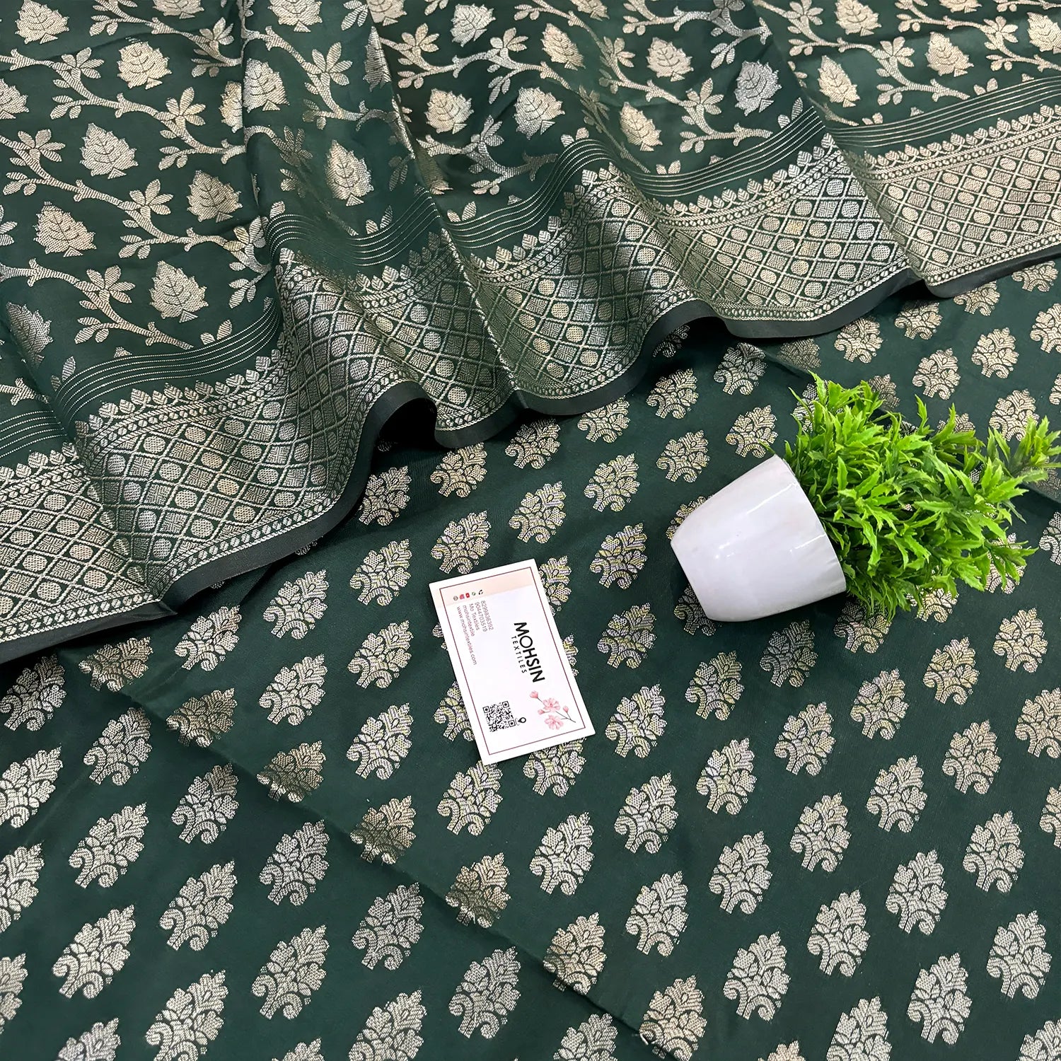 Bottle Green Frozen Tree Satin Silk Banarasi Suit