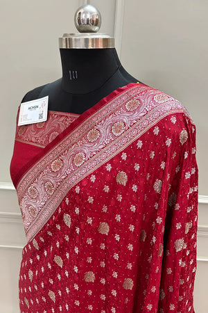 Maroon Chunni Munni Buti Stone Katan Silk Banarasi Saree