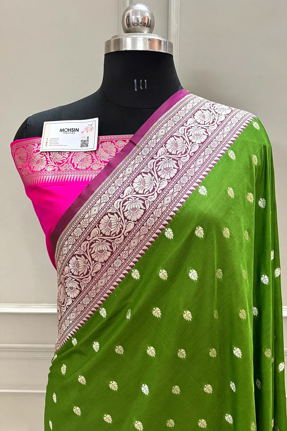 Mehendi and Pink Rudraksha Buti Katan Silk Banarasi Saree