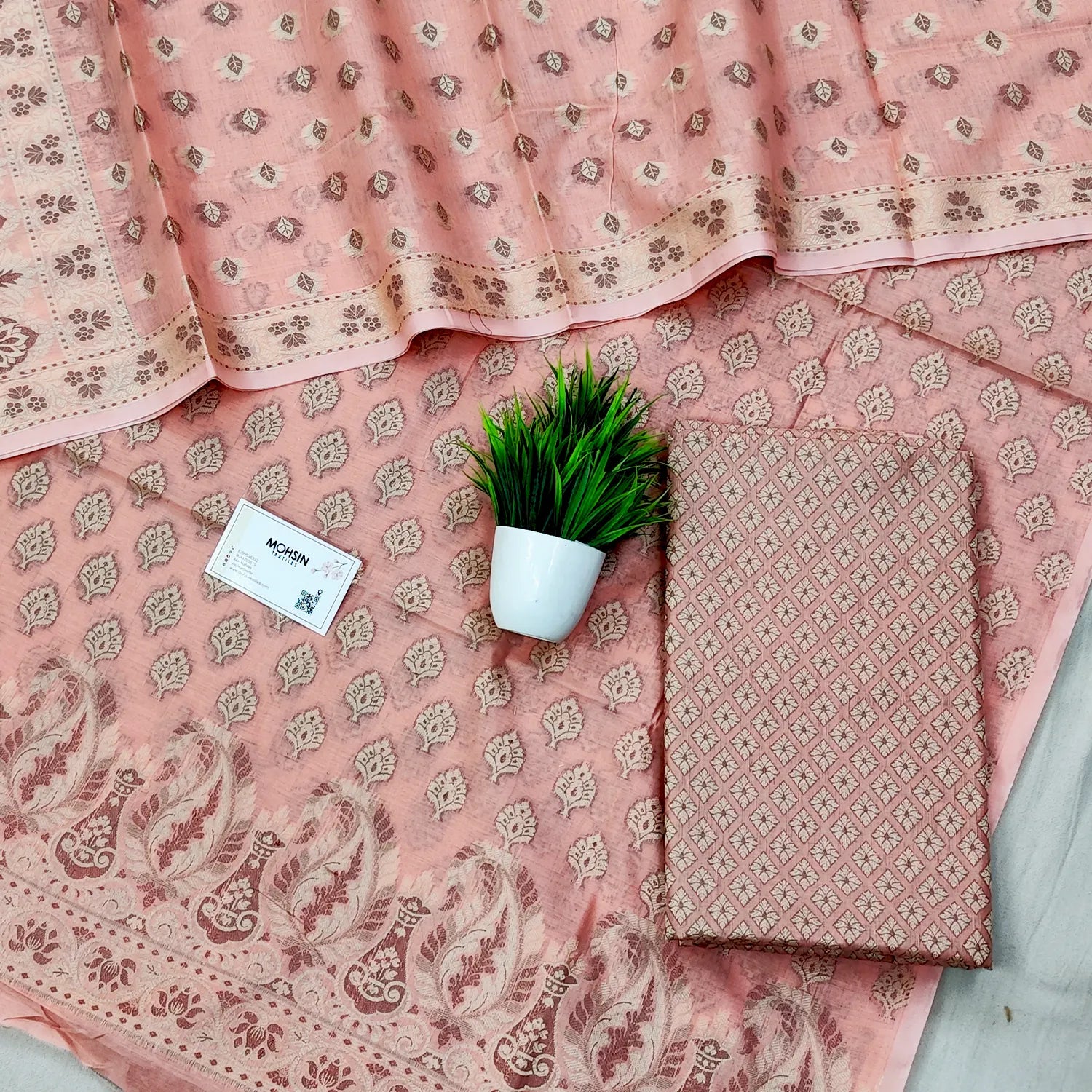 Peach Surahi Tree Cotton Silk Banarasi Suit