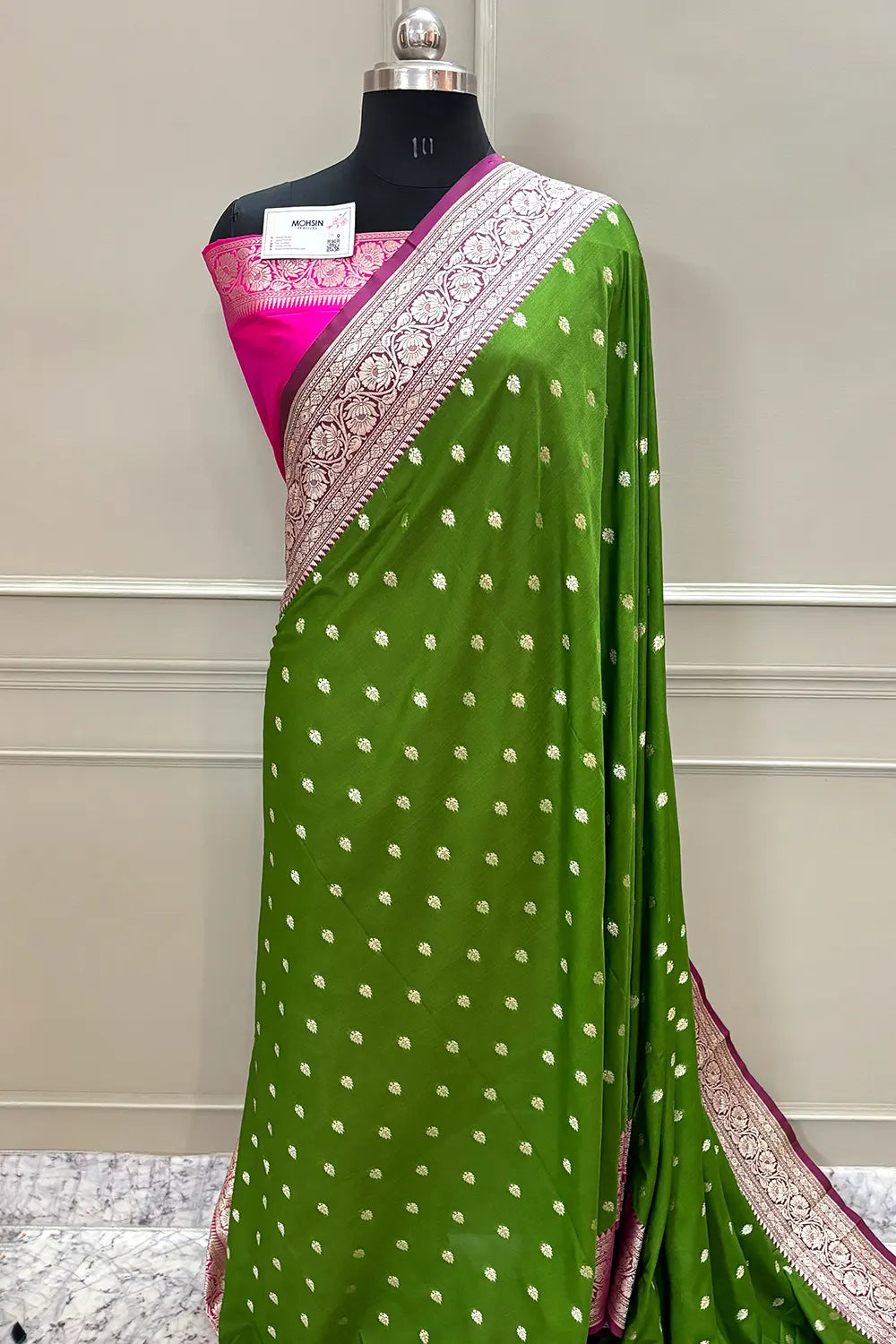 Mehendi and Pink Rudraksha Buti Katan Silk Banarasi Saree