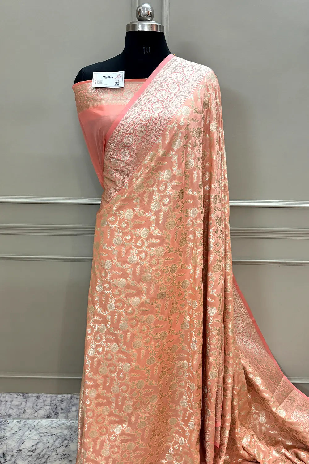 Peach Gulabi Jaal Katan Silk Banarasi Saree