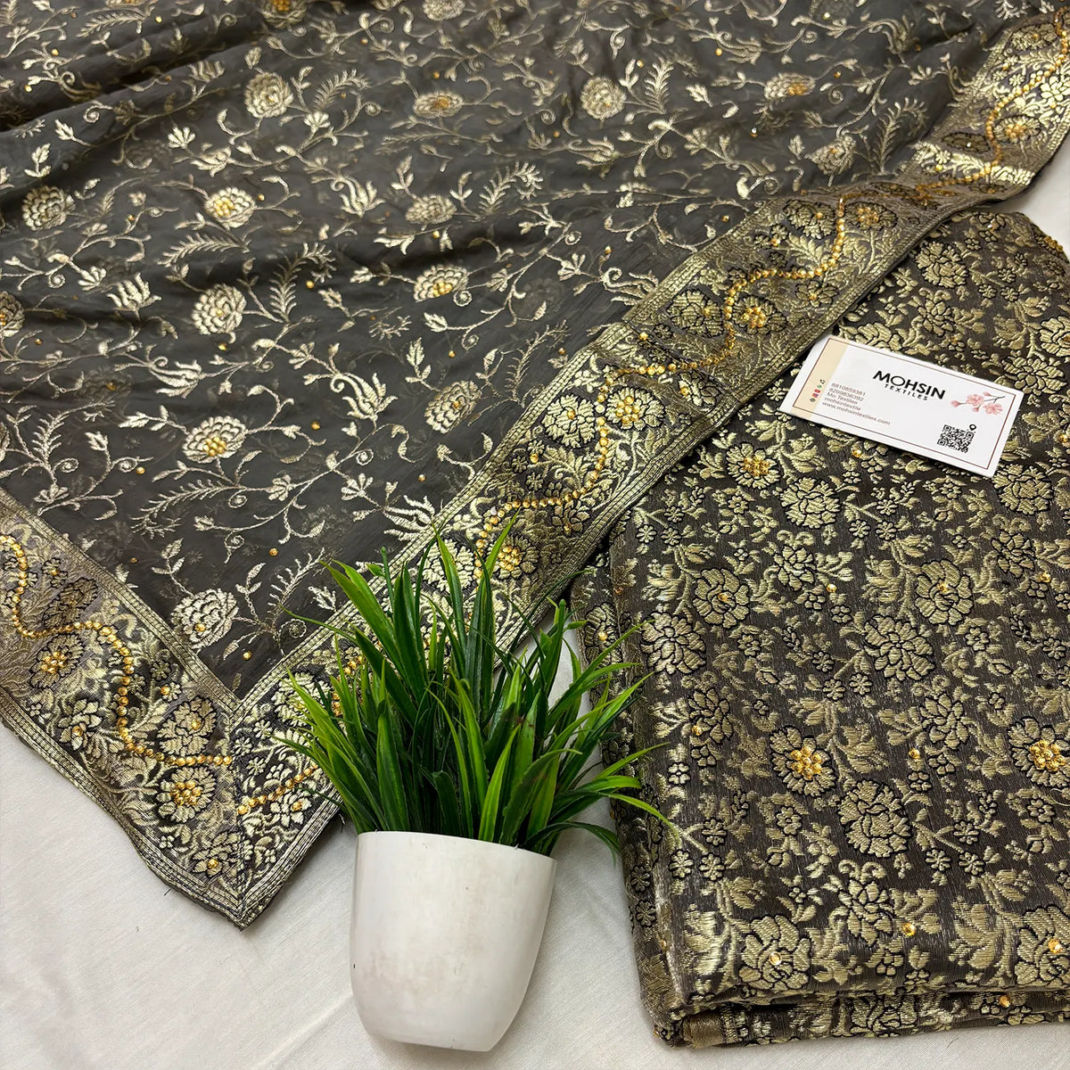 Grey Stone Work Kimkhab Silk Banarasi Gharara