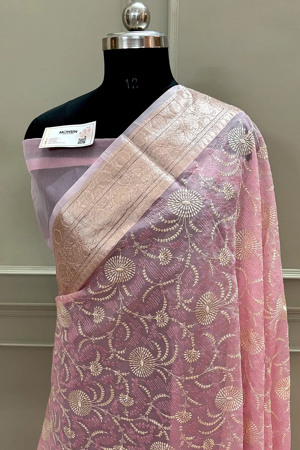 Baby Pink Embroidery Organza Silk Banarasi Saree