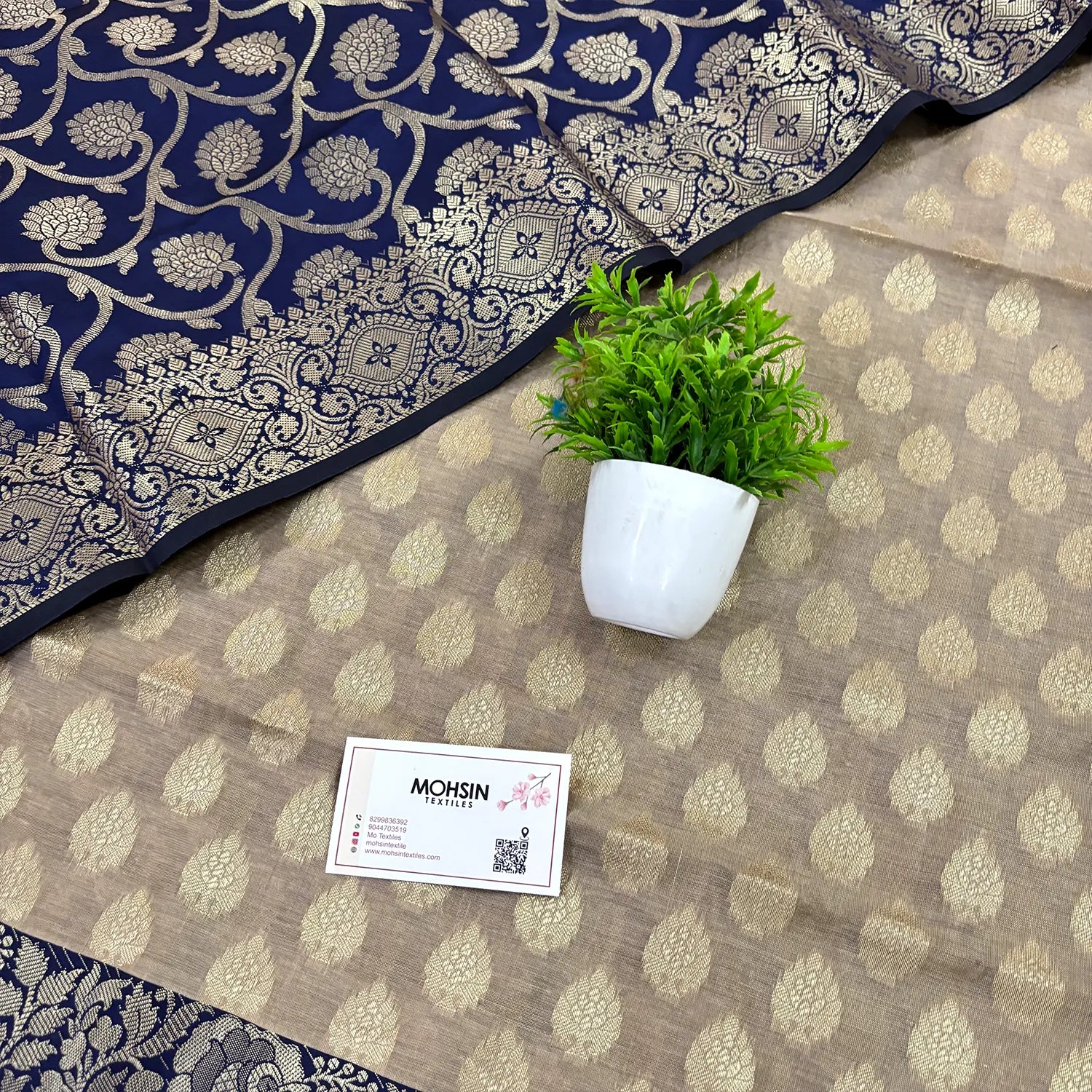 Beige and Navy Blue Gulkan Buti Satin Silk Banarasi Suit