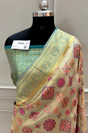 Beige and Teal Golden Zari Tissue Silk Banarasi Saree