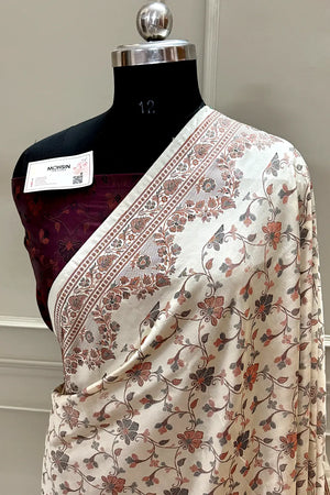 Beige and Wine Resham Silk Banarasi Saree