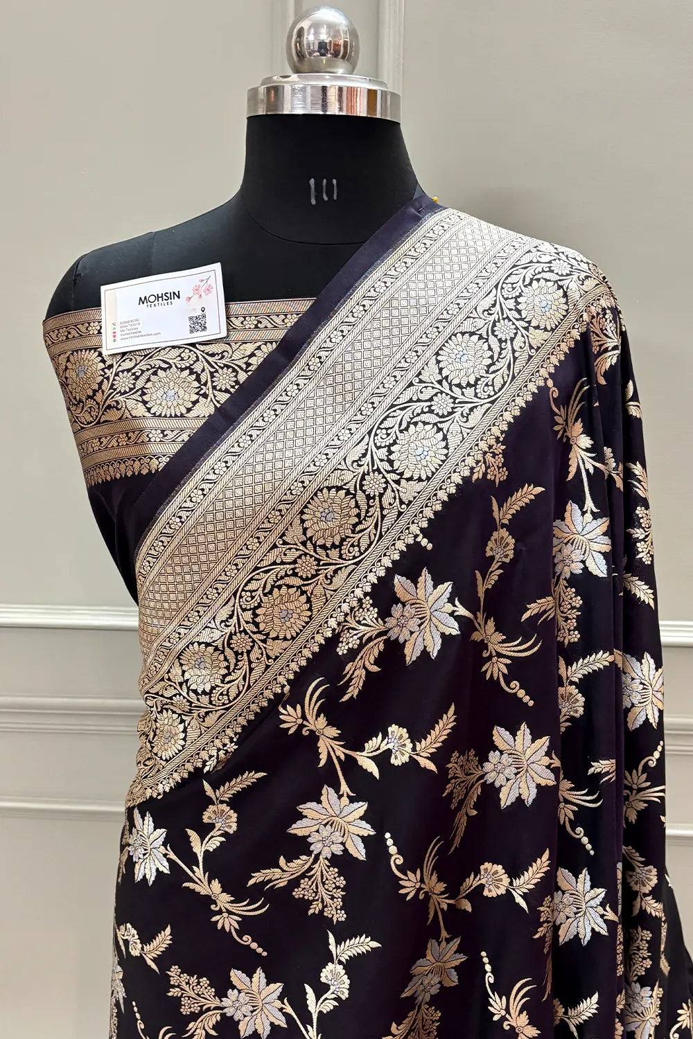Black Jasmine Jaal Katan Silk Banarasi Saree
