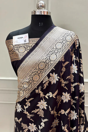 Black Jasmine Jaal Katan Silk Banarasi Saree