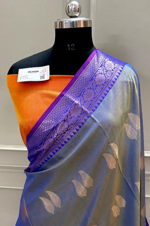 Blue and Orange Golden Zari Banarasi Silk Saree