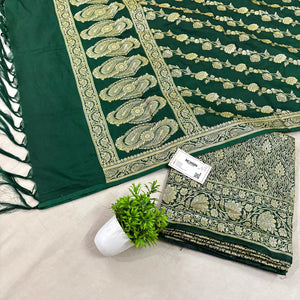 Bottle Green Golden Zari Katan Silk Banarasi Suit