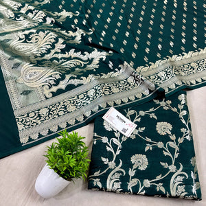 Bottle Green Golden Zari Katan Silk Banarasi Suit