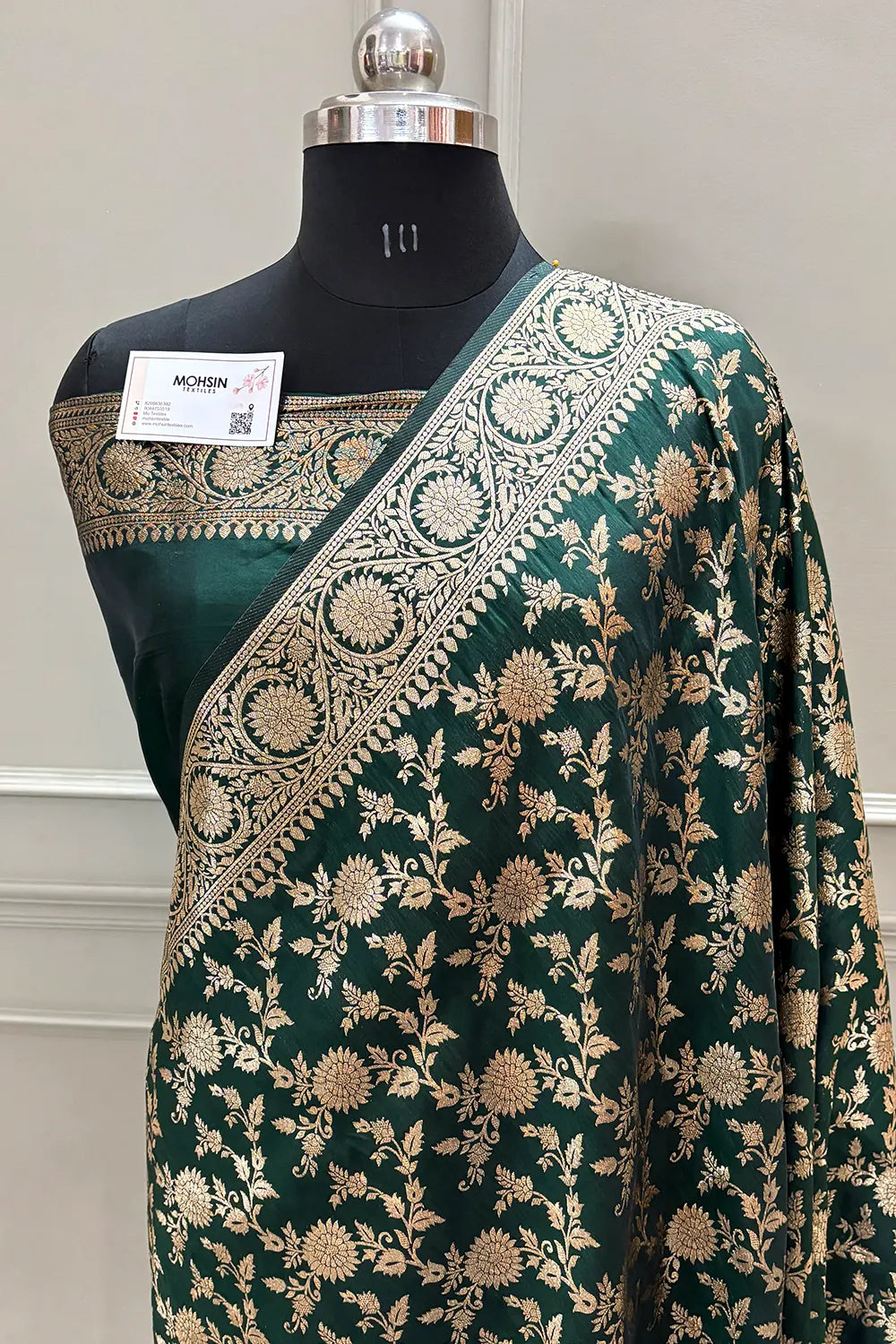 Bottle Green Golden Zari Satin Silk Banarasi Saree