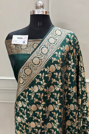 Bottle Green Golden Zari Satin Silk Banarasi Saree