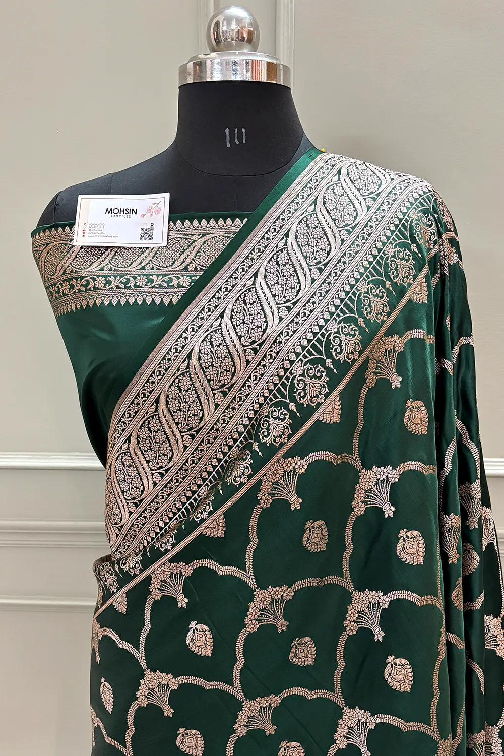 Bottle Green Mughal Mehrab Katan Silk Banarasi Saree