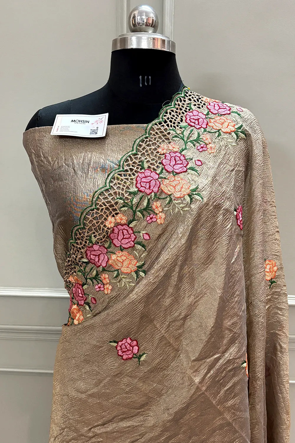 Copper Crush Embroidery Tissue Silk Banarasi Saree