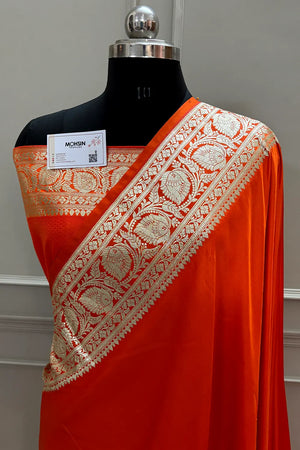 Dark Orange Plain Golden Zari Katan Silk Banarasi Saree