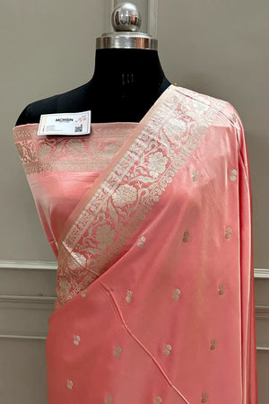 Dark Peach Babu Buti Katan Silk Banarasi Saree
