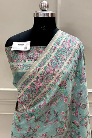 Firozi Printed Linen Silk Banarasi Saree