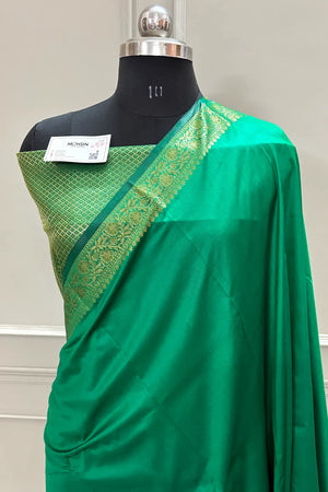 Green Plain Golden Zari Silky Banarasi Saree