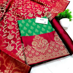 Green and Maroon Contrass Satin Silk Banarasi Suit